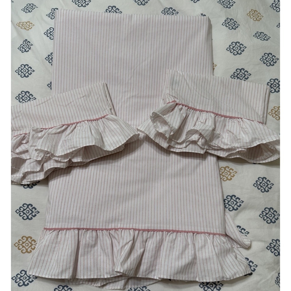 Vtg Laura Ashley Sheet Ticking Stripes Ruffled Edge Queen Flat & 2 p.cases Flaws
